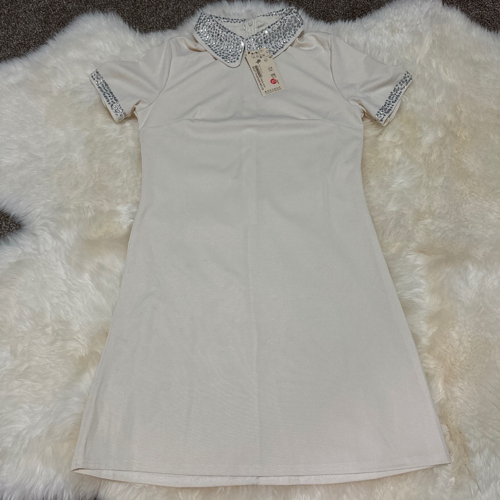 New Women Collar Short Sleeve Silver Crystal Stone Embroidered Beige Mini Dress